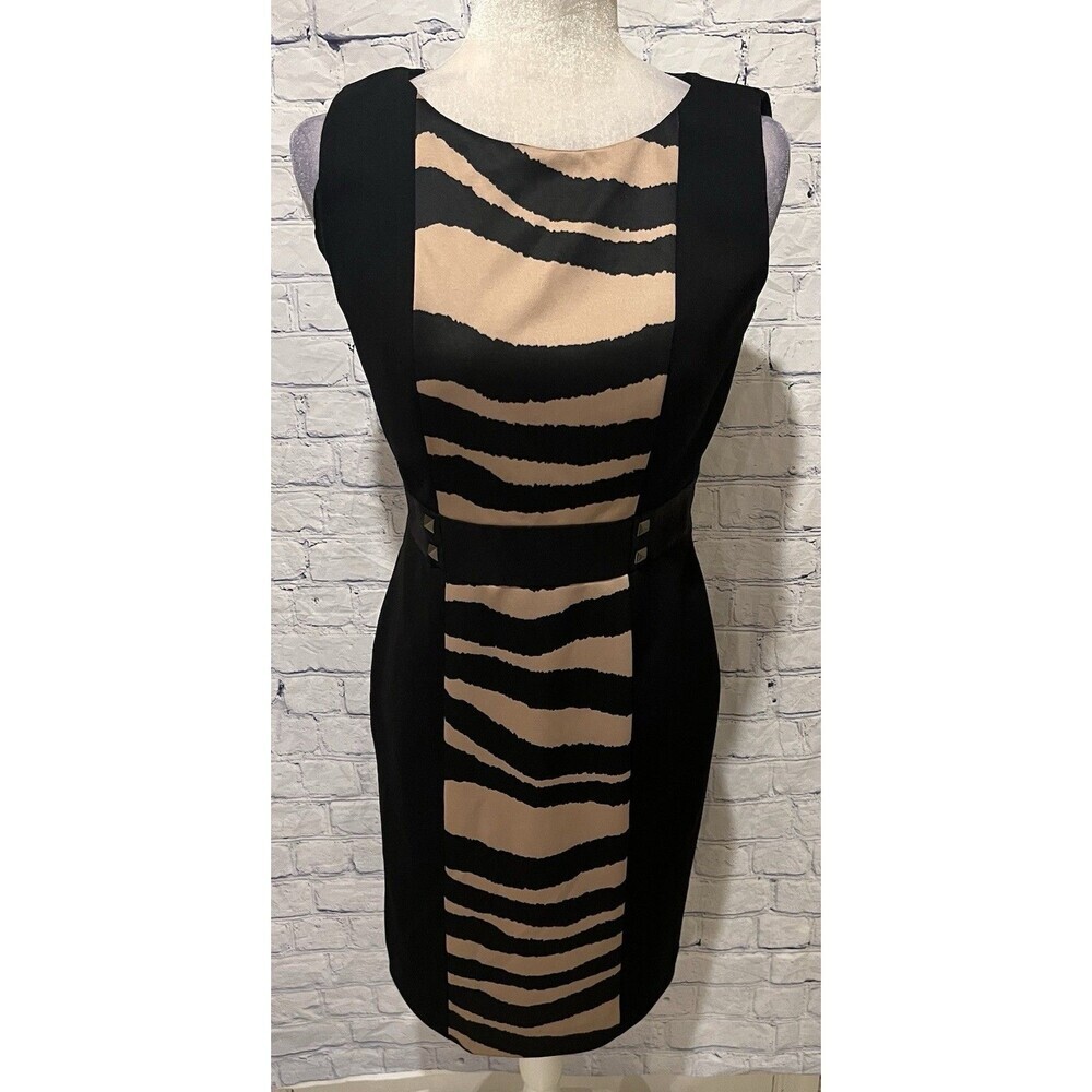 Tahari Arthur S. Levin Black Tan Animal Print Sheath Sleeveless Size Dress 4